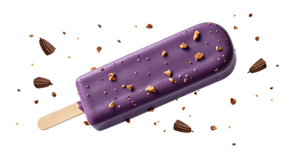 Delicious Lavender Ice Cream Bar with Chocolate Pieces and Crumble Topping Perfect for a Sweet Summer Treat on a Black Background