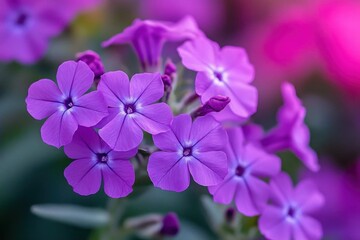 Obraz premium Close-up of delicate purple phlox flowers blooming with green blurred background and soft pink highlights creating a serene and vibrant atmosphere