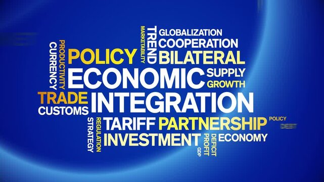 Economic integration animated word cloud-text design animation tag kinetic typography seamless loop.