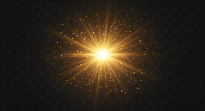 Golden burst effect with light rays shining on transparent background