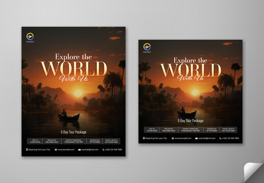 Inspirational Travel Social Media Post Set with the Message Explore the World with Us to Promote Tourism and Vacation Packages, Editable Design.
