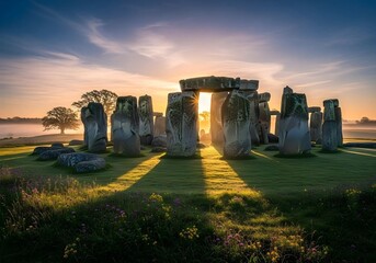 Stonehenge monument at sunrise with golden light shining
