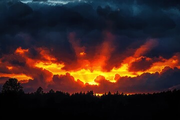 Obraz premium Dramatic sunset with vibrant orange and yellow rays bursting through dark clouds above silhouetted forest treetops