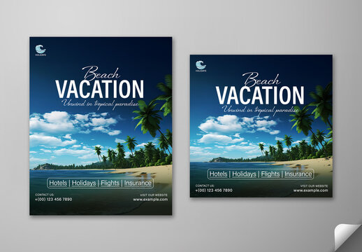 Beach Vacation Travel Promotion Social Media Post Set with Tropical Paradise and Palm Trees, Editable Design.