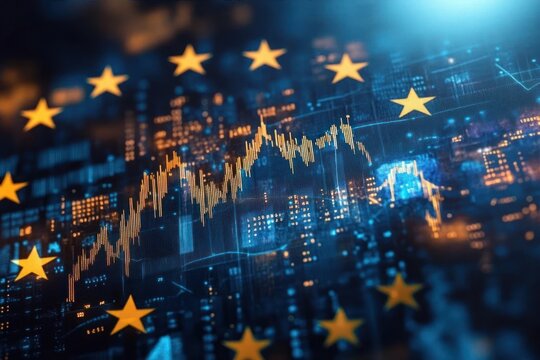 Digital European Union stars overlay on financial market data visualization with fluctuating stock graph and illuminated cityscape background symbolizing economic trends