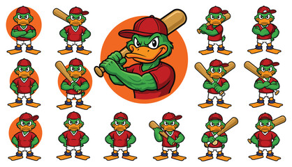Collection of cartoon ducks playing baseball on white background Keywords: duck, baseball, sport