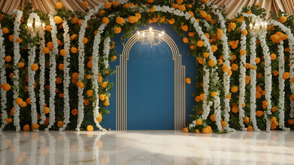 Obraz premium Luxurious Sapphire Blue Arch Floral Backdrop with Gold Detailing, Jasmine and Marigold Garlands, and Silk Tapestry Wall in Chandelier Lighting