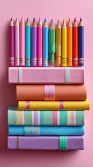 Colorful pencils atop stacked books