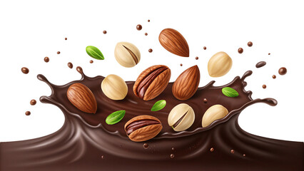Delicious Mix of Nuts in Chocolate Splash a Gourmet Indulgence for Healthy Snacking and Decadent Dessert Featuring Almonds Pistachios Hazelnuts and Pecans
