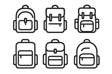 Collection of six simple backpack designs featuring different styles and features on a white background
