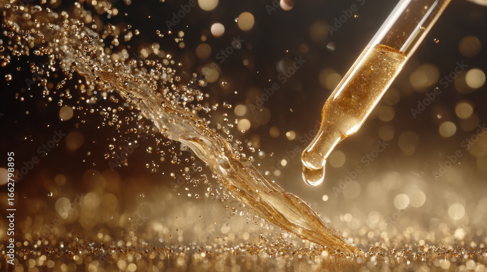 Poster close up view of dropper releasing golden liquid, creating splash against shimmering golden backgrou