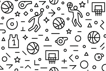Basketball themed design featuring players, equipment, and geometric shapes in a creative pattern