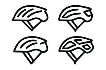 Various designs of bicycle helmets displayed artistically in a grid layout featuring simple line art