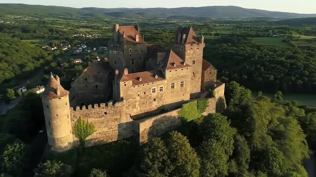 Majestic medieval castle perched atop a hill, overlooking lush green valley at sunset.