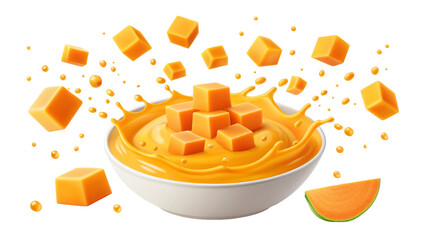 Delicious Mango Dessert Bowl with Splash and Floating Cubes on a Black Background Sweet Mango Delight Presentation with Fresh Fruit
