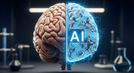 The convergence of human intelligence and artificial intelligence is visualized, a concept that emphasizes how the interaction of human brains and cutting-edge algorithms could generate an