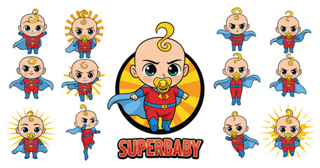 Superbaby Character Variations with Cape and Pacifier superhero illustration