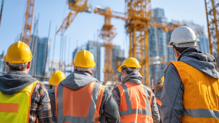 Fototapeta premium Construction workers observe building site, wearing safety helmets and reflective vests. scene captures teamwork and focus in bustling urban environment, highlighting importance of safety