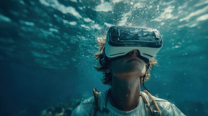 Immersed in captivating underwater world, person wearing virtual reality headset explores depths of ocean. sunlight filters through water, creating serene and adventurous atmosphere