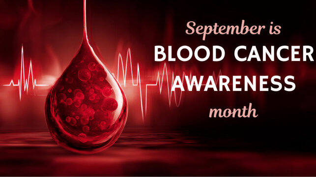 Blood Cancer Awareness Month Banner with Magnified Blood Drop and EKG Waveform
