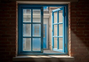 Fototapeta premium An open blue window in a brick wall lets in the light