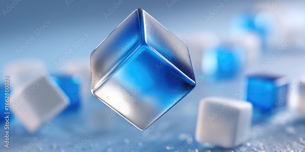 Aufkleber translucent blue and white ice cube suspended mid-air with sharp edges and glossy surface texture, b