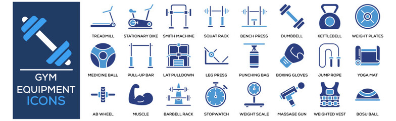 Gym Equipment icon collection set. Containing design Treadmill, Stationary Bike, Smith Machine, Squat Rack, Bench Press