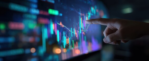 The hand interacting with a digital financial data visualization chart
