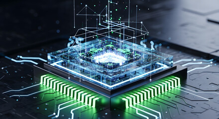 Advanced microchip design with holographic circuitry pathways showcasing intricate digital communication,quantum processing and modern technology infrastructure, futuristic computing design