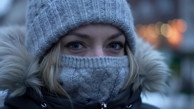 Intense Blue Eyed Woman In Gray Knit Hat and Scarf With Fur Hood Winter Apparel and Soft Bokeh Background