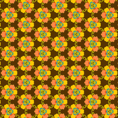 Bright summer floral pattern Simple colorful mosaic flowers on a dark chocolate brown background Fabric print Textile Wrapping paper Greeting card design