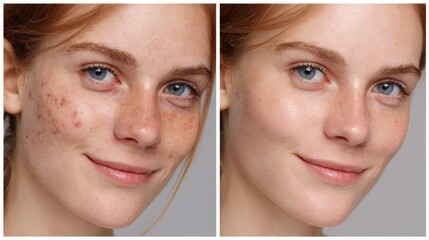 Split image showing a woman's face before and after skin treatment for acne. Illustrates skincare results and improvement.