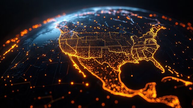 Glowing digital map of North America with illuminated borders and numerous bright points on a dark background, conveying connectivity and advanced technology