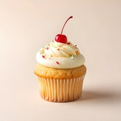 Vanilla Cupcake with Cherry Topping and Cream Frosting on Yellow Background – Sweet Dessert Concept