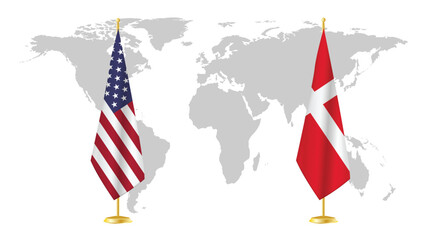USA and Denmark stand flags on world map background. Symbolic of diplomatic relations, unity, and transatlantic cooperation. 3D rendered international concept design.
