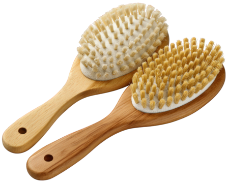 Wooden pet grooming brush with double sided bristles, ideal for cat or dog fur care, natural handle, isolated on transparency background, clean and practical design