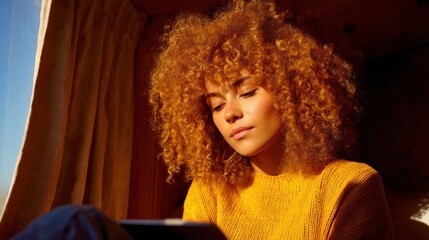 A young woman with a digital tablet sitting by a window in her home. This image represents modern leisure, technology for relaxation, and online entertainment.