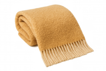 Soft yellow woolen blanket folding with decorative fringes, resting on transparent surface, conveying warmth and comfort