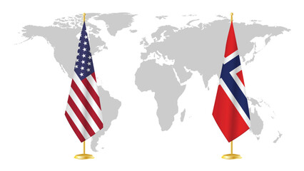  USA and Norway stand flags on world map background. Symbolic of diplomatic relations, unity, and transatlantic cooperation. 3D rendered international concept design.