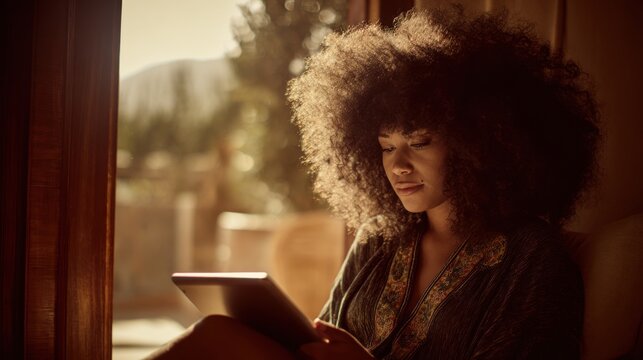 A peaceful woman with natural afro hair relaxing at home with a digital tablet. The image conveys a sense of serene comfort and personal time.