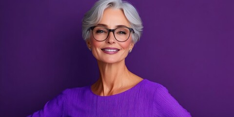 Confident mature woman with short gray hair and glasses smiling warmly against a solid purple background wearing a purple textured top