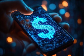 Hand holding smartphone displaying glowing digital dollar sign on screen with futuristic circuit board background