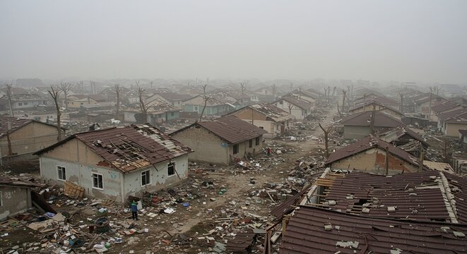 Devastated neighborhood after severe weather event conveys a sense of loss and resilience, ideal for news reports, documentaries, or fundraising campaigns showing the impact of natural disasters