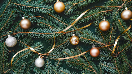 Festive Evergreen Branches Adorned with Golden Baubles and Ribbon for Holiday Celebrations