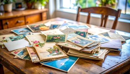 Vintage postcards on a wooden table