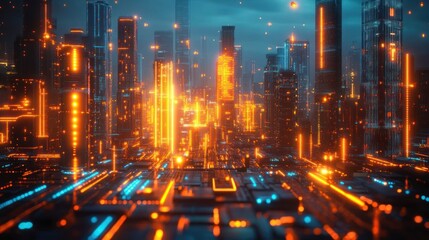 Fototapeta premium Futuristic cityscape with glowing skyscrapers and neon lights in vibrant orange and blue hues under a dark sky