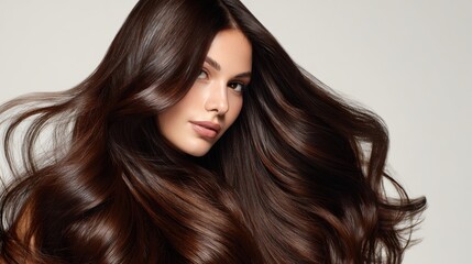 A close-up of a beautiful young woman with long, shiny brown hair. The image conveys beauty, health, and elegance in a fashion and hair care context.