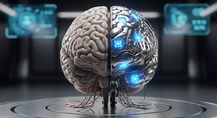 The convergence of human intellect and artificial intelligence, represented by a brain that is simultaneously organic and robotic, set against a futuristic tech-infused backdrop, symbolizing the