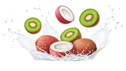 Exotic Fruit Splash of Milk with Lychee and Kiwi for Healthy Eating Lifestyle and Delicious Refreshment with Vibrant Colors and Isolated on a Black Background