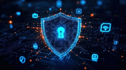 Digital shield with keyhole symbol glowing in blue surrounded by floating technology icons and circuit lines representing cybersecurity and data protection